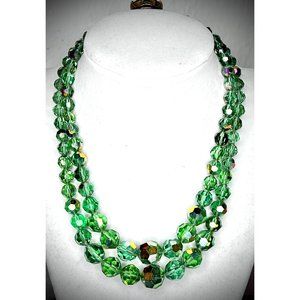 Green Radiance: Breathtaking Vintage AB Swarovski 2 Strand Necklace, Box Clasp